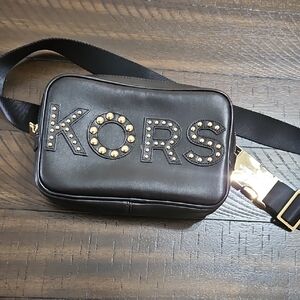 Michael Kors Black Leather Studded Logo Belt/Bum Bag with Gold Hardware